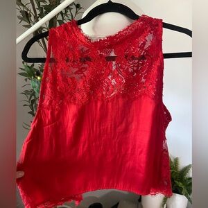 Free people red open back silk and lace blouse cami top